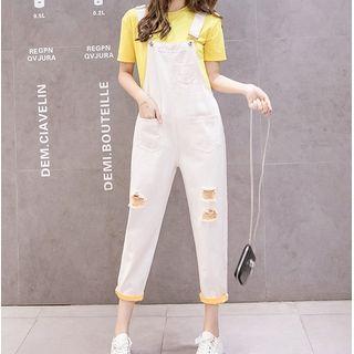 Set: Short-sleeve T-shirt + Cropped Distressed Denim Dungaree Pants