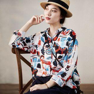 Long-sleeve Cartoon Print Shirt Black & Red & Blue - One Size