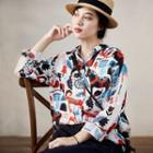 Long-sleeve Cartoon Print Shirt Black & Red & Blue - One Size