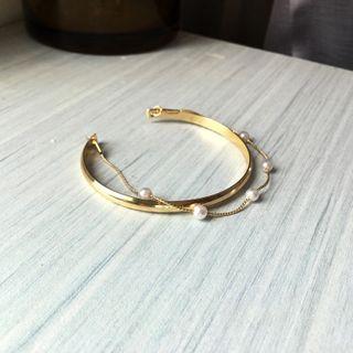 Faux Pearl Alloy Open Bangle 1 Pc - White Pearl - Gold - One Size