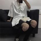 Jacquard Frog-button Elbow-sleeve Blouse
