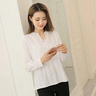 Long-sleeve Tie-neck Tasseled Blouse