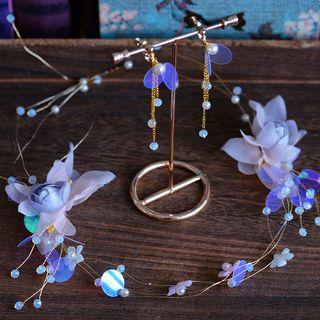 Wedding Set: Satin Flower Headpiece + Fringed Earring Headpiece & Earring - Pink - One Size