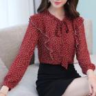 3/4-sleeve Ruffle-trim Dotted Blouse