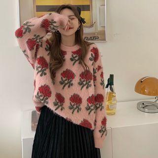 Long-sleeve Rose Print Knit Sweater