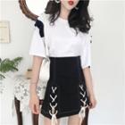 Elbow-sleeve Top / Lace-up A-line Mini Skirt