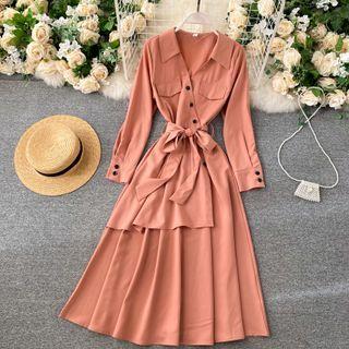 V-neck Mock Pocket Asymmetrical Dress