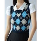 V-neck Argyle Color Block Knit Vest