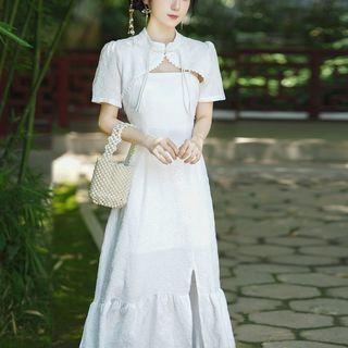 Set: Spaghetti-strap Slit Maxi A-line Dress + Short-sleeve Qipao Shrug
