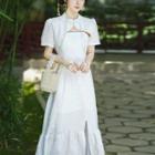 Set: Spaghetti-strap Slit Maxi A-line Dress + Short-sleeve Qipao Shrug