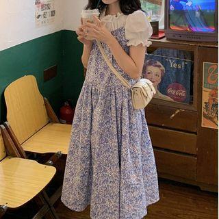 Puff-sleeve Blouse / Spaghetti Strap Floral Midi A-line Dress
