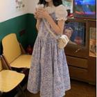 Puff-sleeve Blouse / Spaghetti Strap Floral Midi A-line Dress