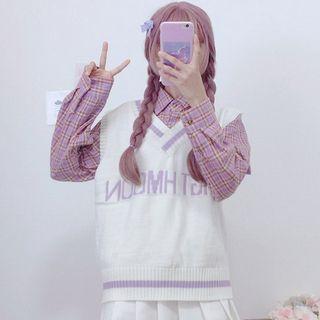 Plaid Shirt / V-neck Lettering Knit Vest