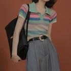 Short-sleeve Color Block Knit Crop Polo Shirt Blue - One Size