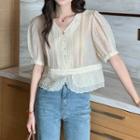 Short-sleeve V-neck Embroidered Blouse Light Almond - One Size
