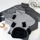 Striped Turtle-neck Fleece-lined Long-sleeve Slim-fit Top