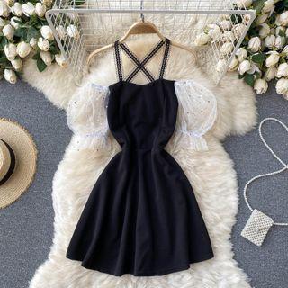 Off-shoulder Puff-sleeve Color Block Panel Spaghetti-strap Dress