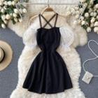 Off-shoulder Puff-sleeve Color Block Panel Spaghetti-strap Dress