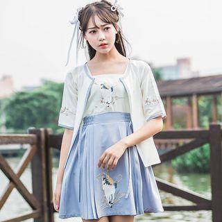 Hanfu Set: Short-sleeve Light Jacket + Camisole Top + A-line Skirt + Pouch