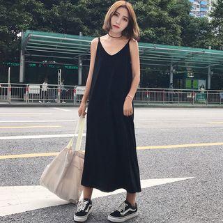 Plain Midi Side-slit Spaghetti Strap Dress