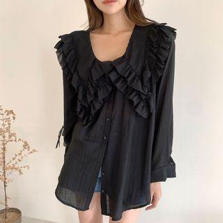 Peter Pan Collar Ruffle Panel Long-sleeve Shirt