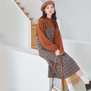 Mock-neck Sweater / Plaid Midi Overall Dress