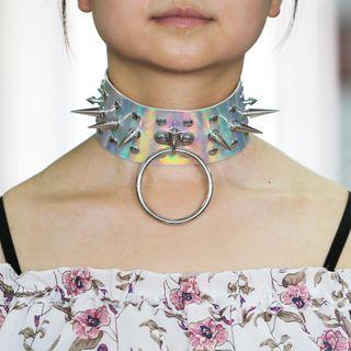 Hoop Pendant Studded Holographic Faux Leather Choker