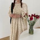 3/4 Sleeve Shirred Floral High-waist Dress Almond - One Size