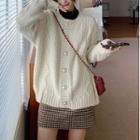 Faux Pearl Button Cable Knit Cardigan / Houndstooth Mini A-line Skirt / Set