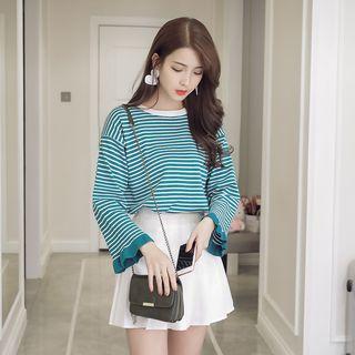 Bell Sleeve Ruffled Trim Striped Knit Top