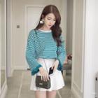 Bell Sleeve Ruffled Trim Striped Knit Top