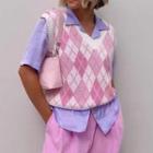 V-neck Argyle Print Loose-fit Knit Vest