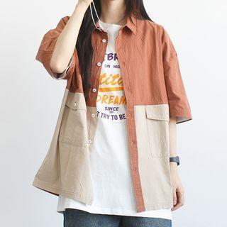 Short-sleeve Color Block Shirt Jacket