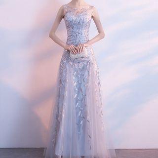 Sleeveless Leaf Embroidered A-line Evening Gown