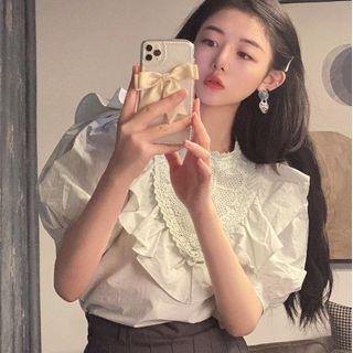Short-sleeve Lace Blouse Mint Green - One Size
