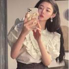 Short-sleeve Lace Blouse Mint Green - One Size