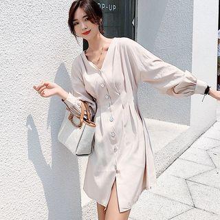 Plain Long-sleeve Slim-fit Dress Almond - One Size