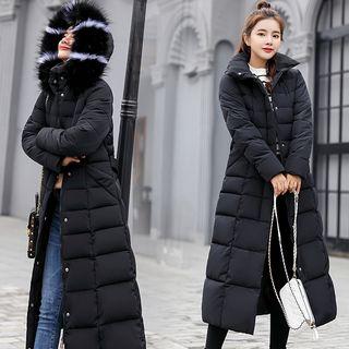 Long Furry-trim Hooded Padded Coat