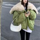 Furry-collar Quilted Loose Coat Green - One Size