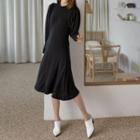 Puff-sleeve Slim Midi Flare Dress Black - One Size