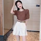 Puff-sleeve Eyelet Blouse / Belted High-waist Shorts