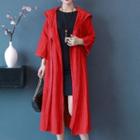 Hooded Tie-front Embroidered Long Jacket Red - One Size