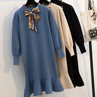Striped Bow-neck Ruffle Hem Sweater Dress