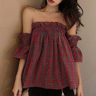 Ruffle-hem Off-shoulder Gingham Blouse As Shown In Figure - One Size