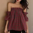 Ruffle-hem Off-shoulder Gingham Blouse As Shown In Figure - One Size