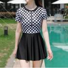 Short-sleeve Checkered Panel Swim Dress