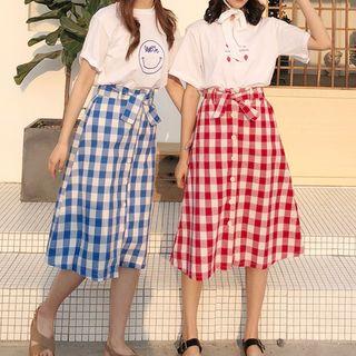 Set: Short Sleeve Print T-shirt + High Waist Check A-line Skirt