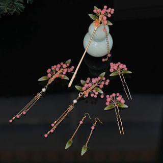 Set: Flower Hair Stick + Hair Pin + Fringed Earring + Dangle Earring Hair Stick & Hair Pin & Fringed Earring & Dangle Earring - Pink - One Size