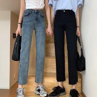 Distressed-hem Cropped Straight Leg Jeans