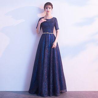 Glitter Short-sleeve A-line Evening Gown